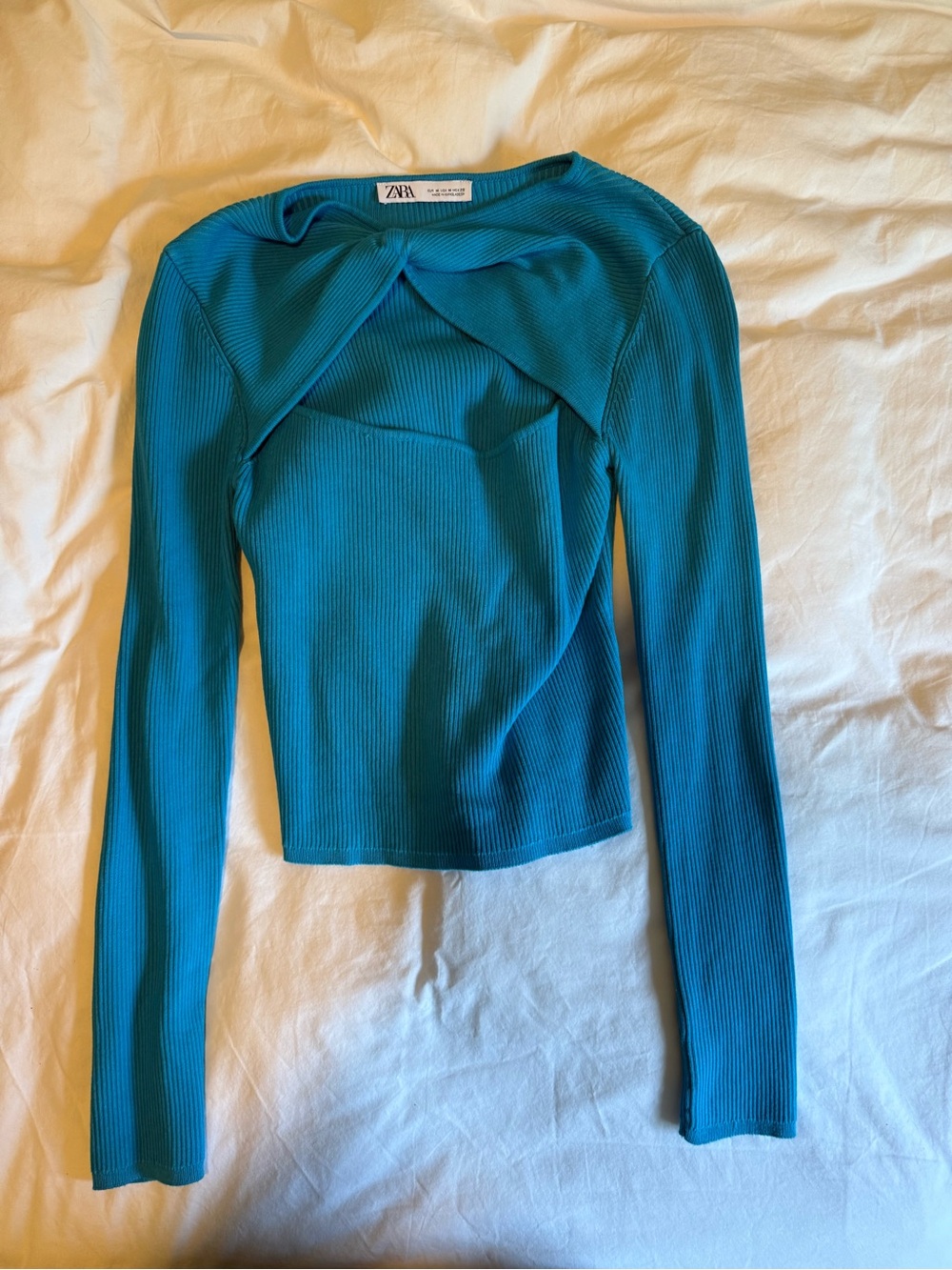 ZARA Blue Ribbed Long-Sleeve Twist Front Top